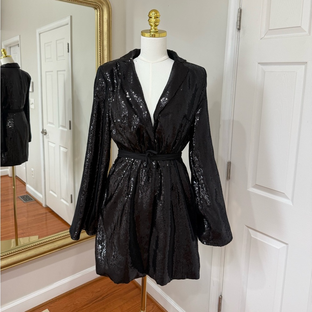 Pretty little thing - Black Sequin Belted Coat